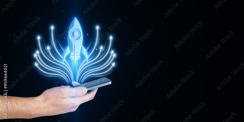 Poster close up of man hand holding cellphone with creative glowing rocket spaceship and arrows on dark blu
