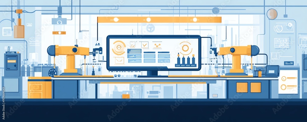 Poster concept of automation in industrial processes, showcasing workflow optimization with checkboxes and 