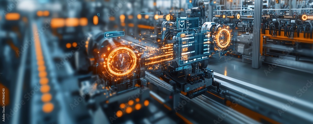 Poster concept of automation in industrial processes, showcasing workflow optimization with checkboxes and 
