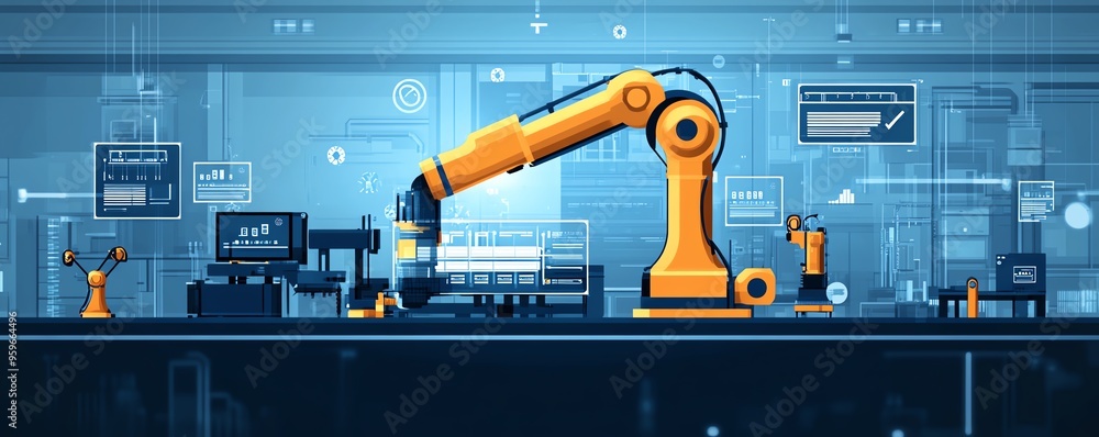 Poster concept of automation in industrial processes, showcasing workflow optimization with checkboxes and 