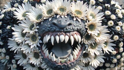Naklejka premium A Grotesque Animal Head Decorated with White Daisies