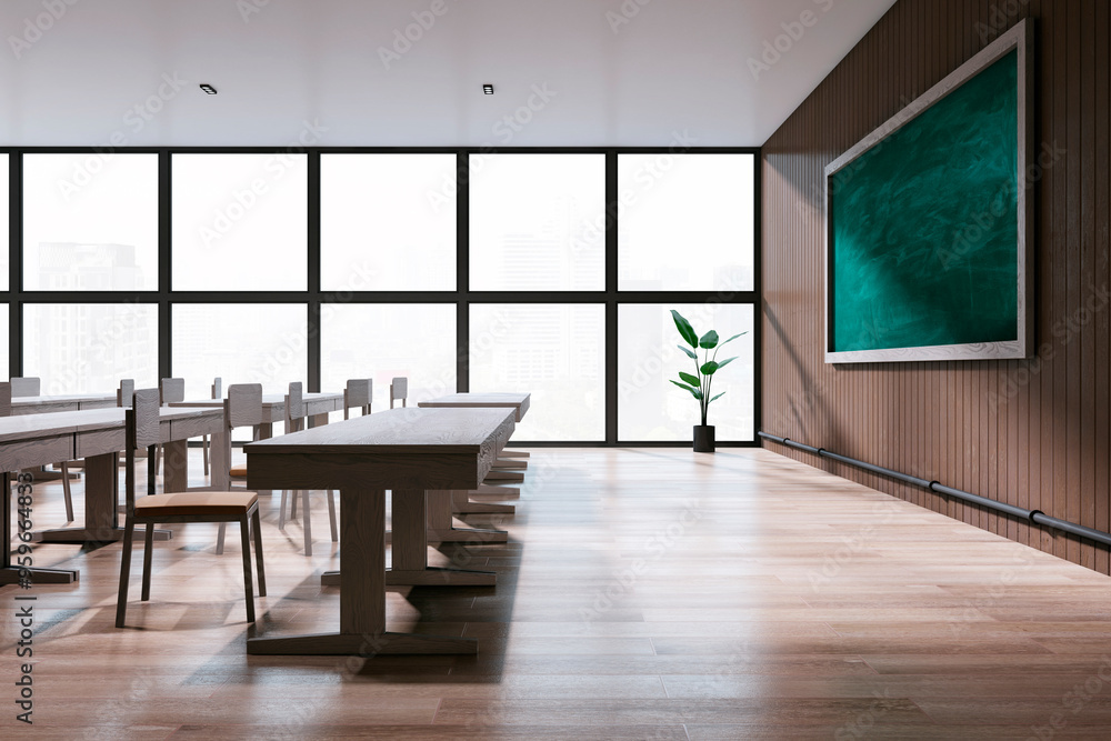 Wall mural Side view of stylish classroom interior with panoramic window and city view, wooden floor and green blackboard on wall. School, university and education concept. 3D Rendering.