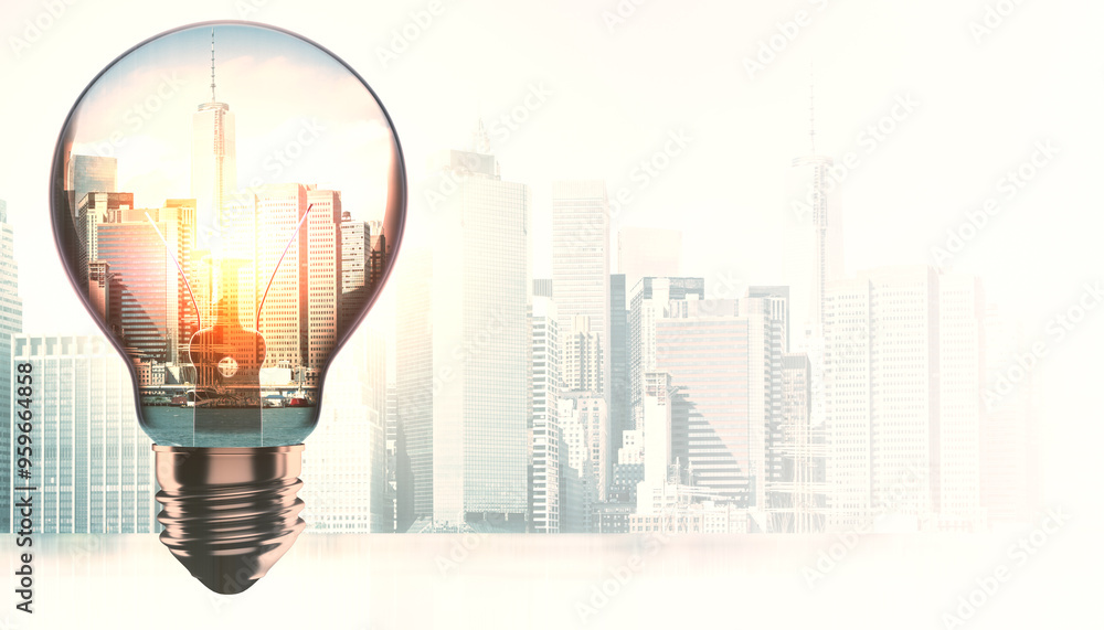 Poster glowing glass light bulb on blurry city backdrop with mock up place. idea and innovation concept. 3d