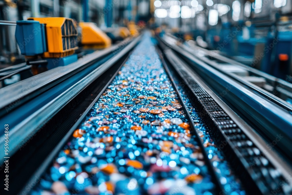 Poster metal conveyor belt with shiny objects in a factory setting