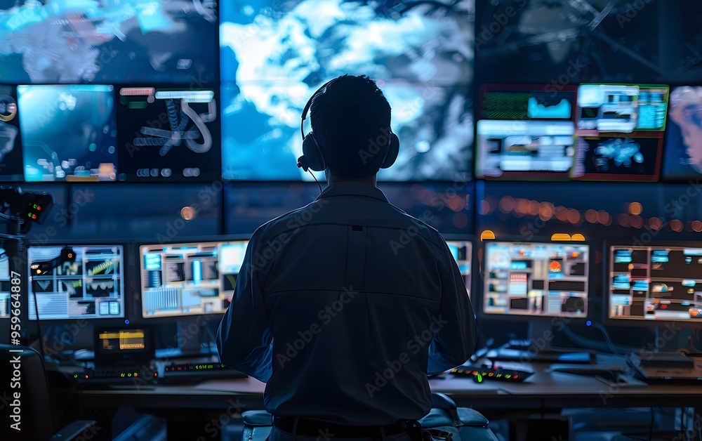 Poster tech professional monitoring multiple screens in a high-tech control room, engaging in data analysis