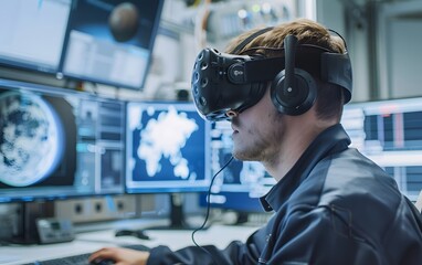 Technician using virtual reality headset in a control room, surrounded by monitors displaying maps and diagrams for data analysis.