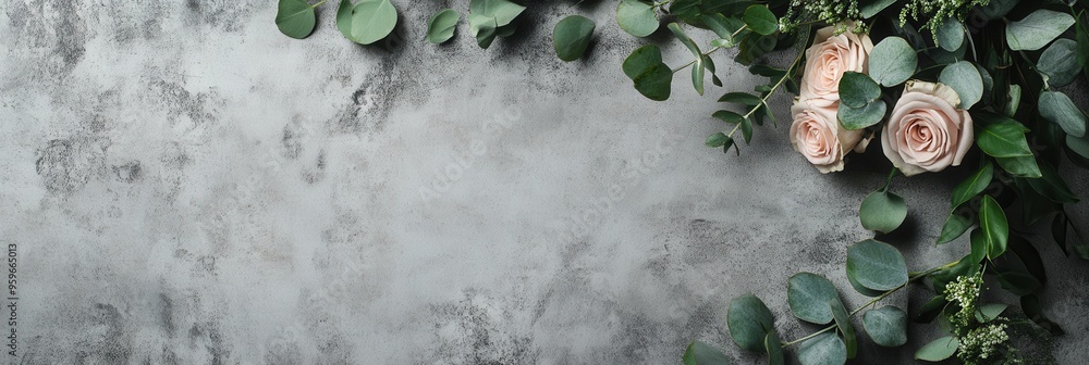 Aufkleber a stylish bouquet featuring soft roses and fresh eucalyptus sits elegantly on a textured concrete ba