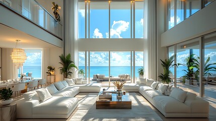 Fototapeta premium A coastal glamour living room with plush white sofas, silver metallic accents, and a statement chandelier, large windows allowing sunlight to bathe the room in a soft, elegant glow, hd quality,