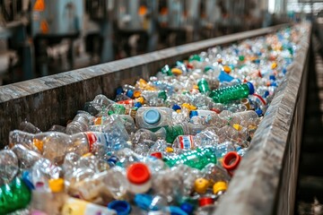 Close-up of a Conveyor Belt Filled with Plastic Bottles