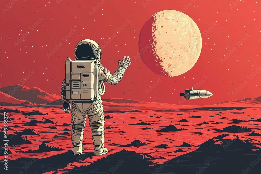 Poster astronaut on mars with a large moon and spaceship in the distance