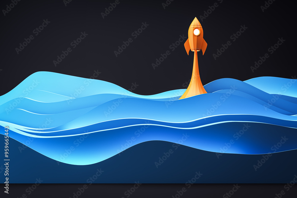 Poster rocket launching off creative dark blue wavy background. startup and launch concept. 3d rendering.