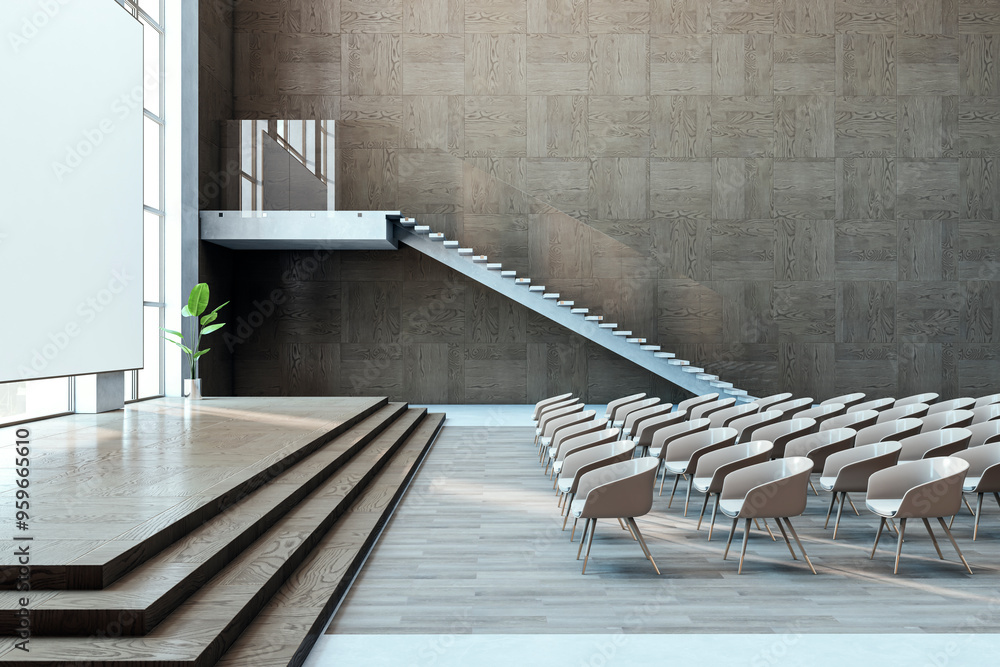 Aufkleber Side view of modern auditorium with windows and city view, mock up place. Education and lecture concept. 3D Rendering.