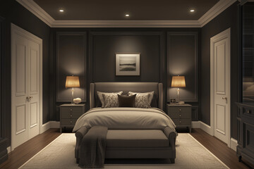 Fototapeta premium Realistic rendering of an elegant bedroom with dark gray walls, white double doors leading to the bathroom and wardrobe