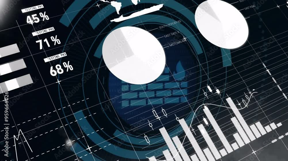 Poster financial data charts and graphs animation over abstract face with world map