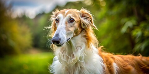 Sleek and athletic, the Borzoi hund stretches out in the sun, its grey and white coat glistening, eyes alert and ears perked up.