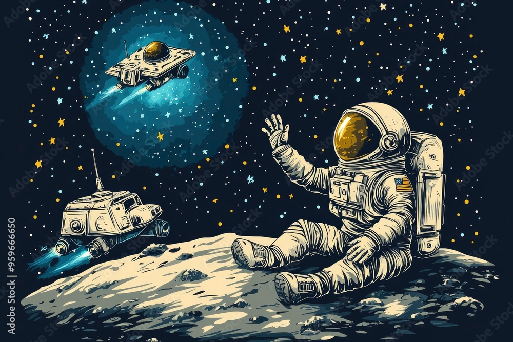 Poster astronaut on a moon-like planet with spaceships in the distance
