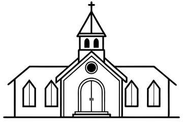 Township with church, black silhouette on white background, vector illustration 