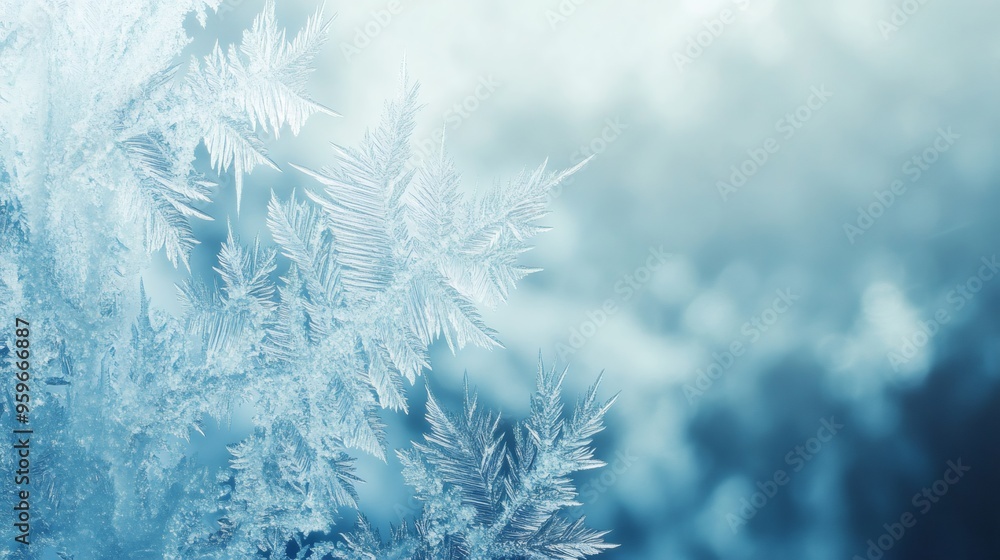 Poster closeup of delicate ice crystals forming intricate patterns on a frosty window pane.