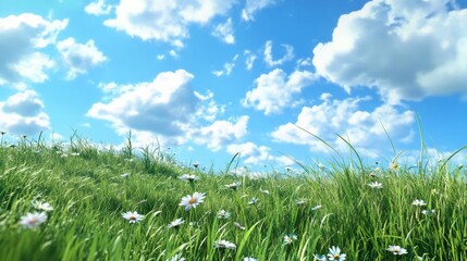Obraz premium Lush green grass and white daisies in a field under a bright blue sky with puffy white clouds.
