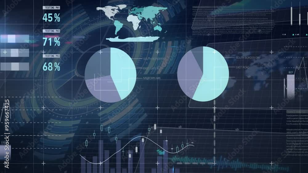 Poster global data analysis animation over pie charts and bar graphs