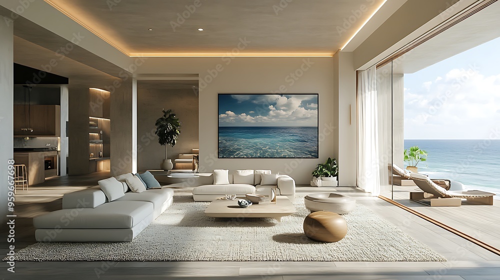 Wall mural A marine-themed modern living room with sleek white furniture, coastal blue accents, abstract ocean art, and minimalist decor, large windows filling the room with bright natural light, hd quality,