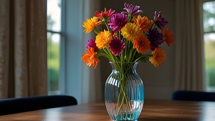 The shimmering, iridescent glass vase stands tall on the elegant dining table, adorned with vibrant, otherworldly flowers that seem to glow in the light.