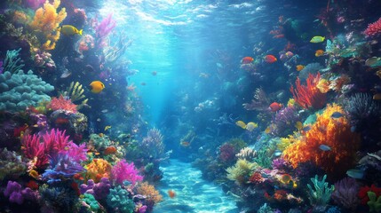 Colorful coral reef with tropical fish swimming in the ocean.