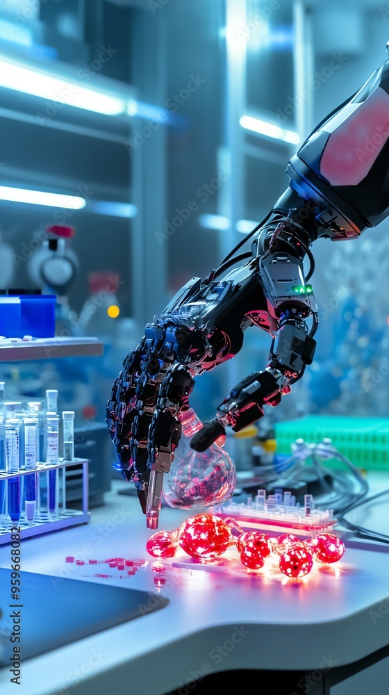 Poster a futuristic robotic hand interacts with glowing red components in a modern laboratory setting, show