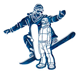 Snowboard Players Mix Action Group of Snowboarder Cartoon Extreme Sport Graphic Vector