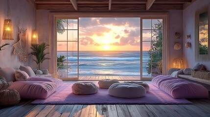 A peaceful beachfront cottage living room, with pastel lavender walls, white-washed wood accents, seashells on display, and large windows overlooking the gentle waves of the ocean,