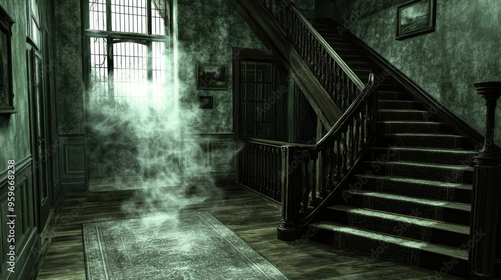 Poster a dark hallway with a staircase and a window. the window is open and there is a foggy mist in the ai