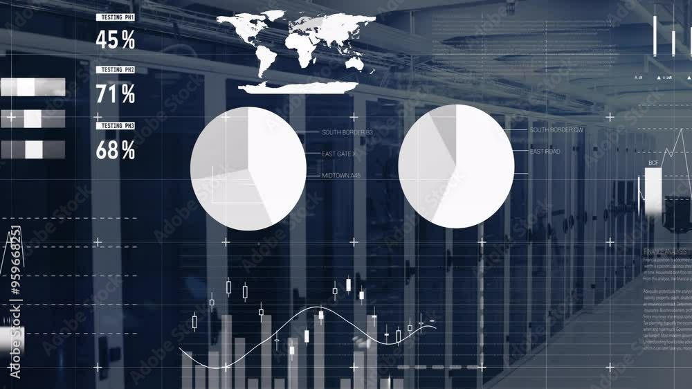 Poster data analytics animation over servers in data center