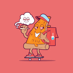 A Pizza slice character making a delivery vector illustration. Fast food, Delivery, brand design concept.