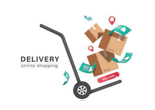 vector 3d for delivery advertising design ,green free shipping promotion sign, a red pin map the delivery location to customers, parcel box all floating in the air on a cart used in warehouses