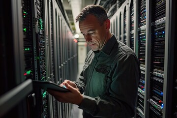 Portrait of a handsome young man with a shirt  using a tablet in a server room datacenter