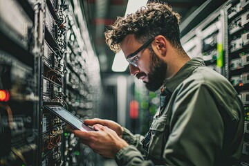 Portrait of a handsome young man with a shirt  using a tablet in a server room datacenter