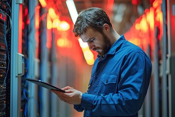 Portrait of a handsome young man with a shirt  using a tablet in a server room datacenter