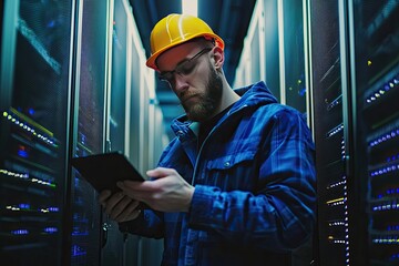 Portrait of a handsome young man with a shirt  using a tablet in a server room datacenter