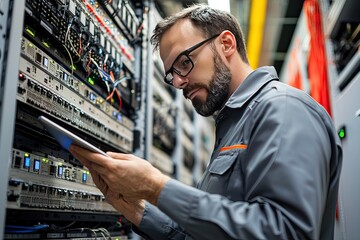 Portrait of a handsome young man with a shirt  using a tablet in a server room datacenter