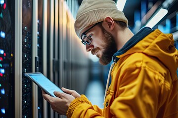 Portrait of a handsome young man with a shirt  using a tablet in a server room datacenter