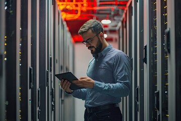 Portrait of a handsome young man with a shirt  using a tablet in a server room datacenter