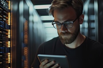 Portrait of a handsome young man with a shirt  using a tablet in a server room datacenter