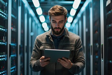 Portrait of a handsome young man with a shirt  using a tablet in a server room datacenter