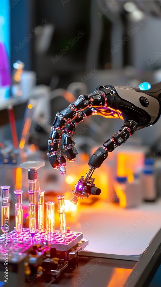 Poster a robotic hand conducting experiments with test tubes in a futuristic laboratory, showcasing advance