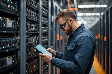 Portrait of a handsome young man with a shirt  using a tablet in a server room datacenter