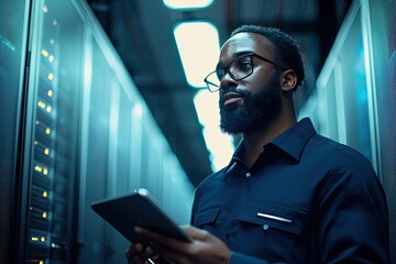 Portrait of a handsome young man with a shirt  using a tablet in a server room datacenter
