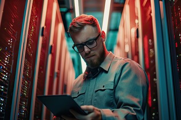 Portrait of a handsome young man with a shirt  using a tablet in a server room datacenter