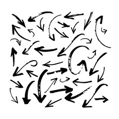 Fototapeta premium Set of black hand drawn arrow element Collection of doodle arrows, lines, symbol, painting mask, shapes on white Vector Format
