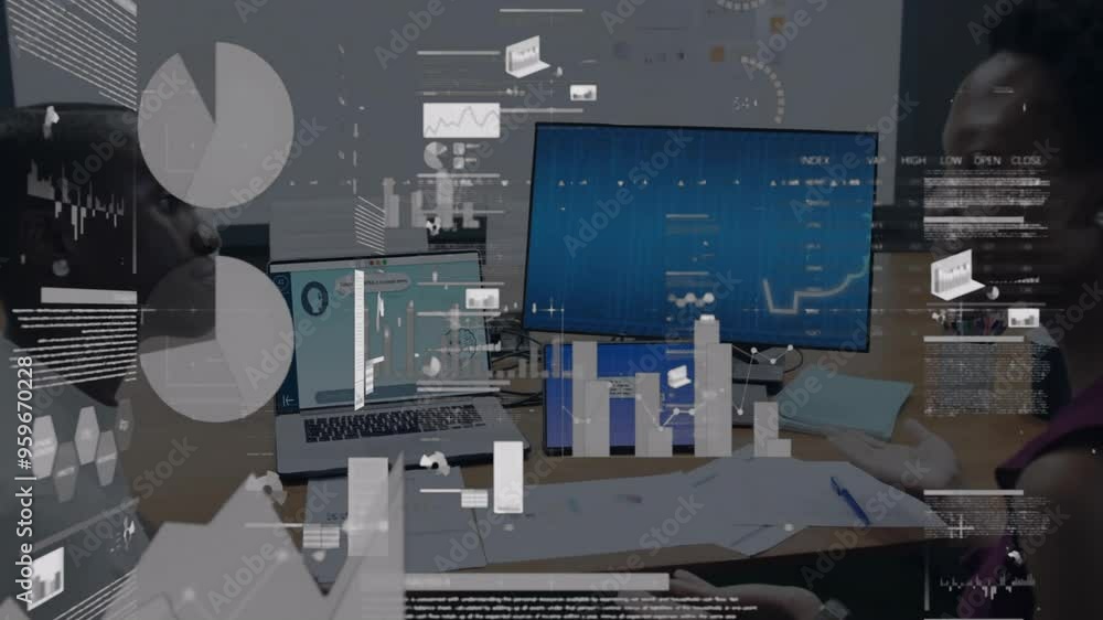 Poster data analytics and ai technology animation over business meeting in office