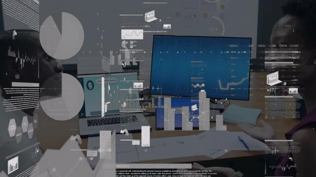 Data analytics and AI technology animation over business meeting in office